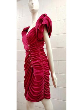 1980s Samir Couture Pink Fuchsia Dress M Balloon Sleeve Draped Rhinestones